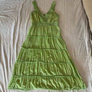 Vintage Venice Blue Boho Fairy Light Lime Green Tiered Maxi Dress Size M